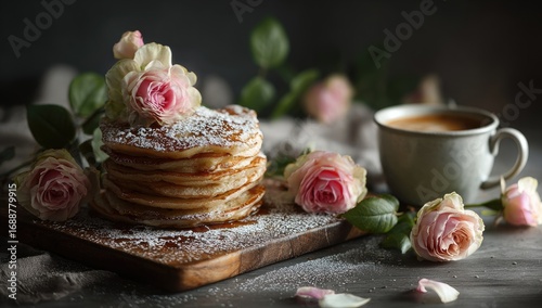 Stacked pancakes with roses and coffee (1)