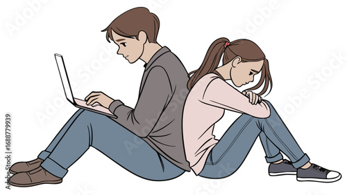 Sad couple sitting back to back man using laptop woman looking down.