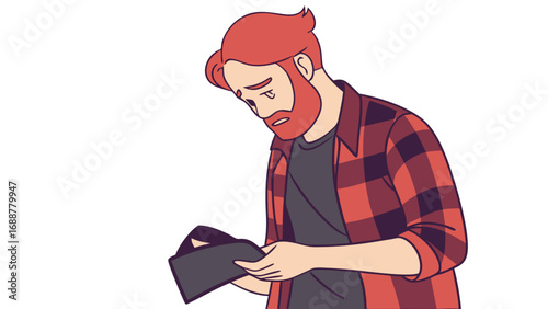 Sad man checking empty wallet financial problem poverty broke debt expenses budget money crisis economy illustration design graphic art cartoon character man person male adult red hair beard plaid sh.