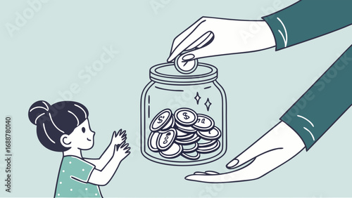 Saving money piggy bank child coins finance donation illustration vector graphic kid financial literacy family wealth banking investment money jar saving jar economy wealth building childhood future .