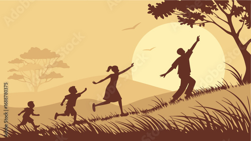Silhouette of a family playing outdoors at sunset children running in tall grass vector illustration.