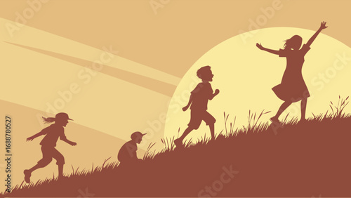 Silhouette of children playing in a field at sunset happy kids running and playing outdoors summer fun illustration.