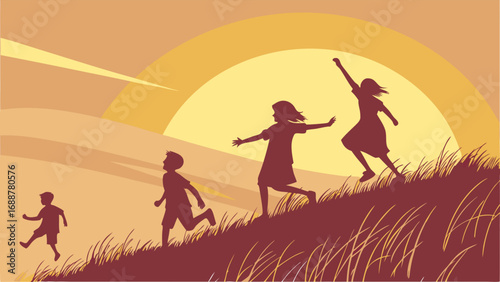 Silhouettes of Children Playing at Sunset Running Jumping Joyful Happy Grass Hill Summer Kids Playful Freedom Childhood Vector Illustration Design Element.