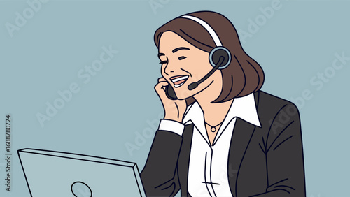 Smiling Customer Service Representative on Call with Headset and Laptop.