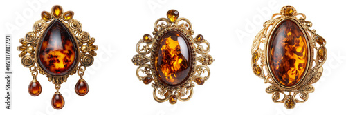 Set of  Ornate golden hair accessory with amber gemstone and feather details on transparent png background. Ai generated