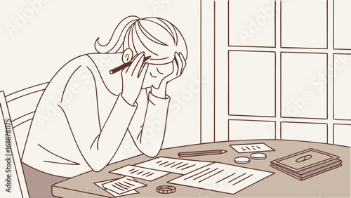 Stress Overwhelmed Person Working Desk Documents Bills Tired Exhausted Financial Problems Paperwork Office Home Woman Female Adult Illustration Drawing Sketch Line Art Minimalist Simple Design Graphi.