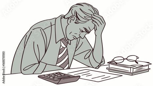 Stressed businessman working at desk worried tired overwhelmed problem solving financial difficulties deadline stress office worker business work job career professional adult man male head in hands .