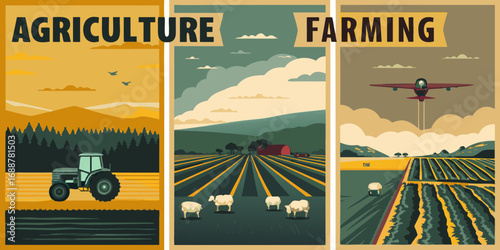 Vintage style agricultural and farming scenes with tractor sheep barn and crop dusting airplane