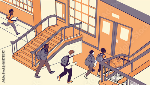Students walking up and down stairs in a school hallway illustration.