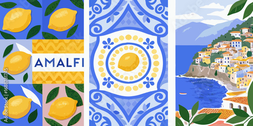 Amalfi coast italian village with lemons and blue tile art