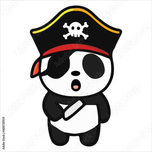 Pirate Panda with Hat and Eye Patch Cute Cartoon Illustration