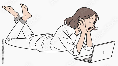 Surprised woman using laptop lying down casual relaxed technology home work from home online digital internet communication connection social media news shocked amazed surprised expression female gir.