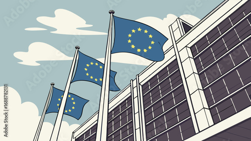Three European Union flags waving in front of a modern building under a cloudy sky.