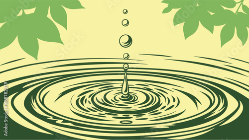 Water droplet falling into calm water creating ripples surrounded by leaves.