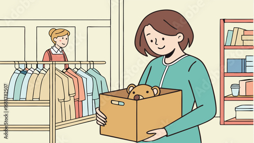 Woman donating a toy in a box at a charity shop cartoon illustration.