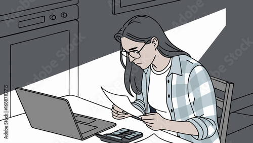 Woman reviewing documents at home working on laptop and using calculator.