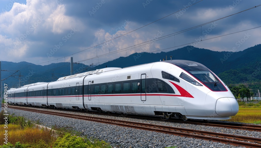 Fototapeta premium High-speed train traversing scenic landscape (1)