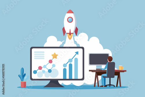 Man working at desk with computer showing upward trending graph and rocket launching into clouds symbolizing business growth and success