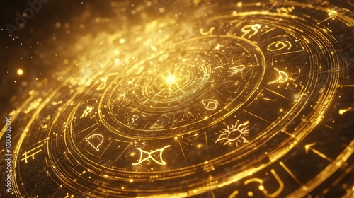 Golden Zodiac Wheel with Glowing Symbols of Astrology and Fortune Telling