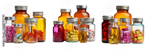 Set of Group of painkiller capsules lying beside an open medical bottle on transparent png background. Ai generated