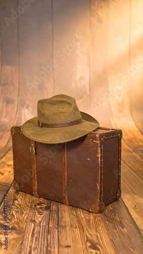 Vintage suitcase with a hat on a wooden backdrop