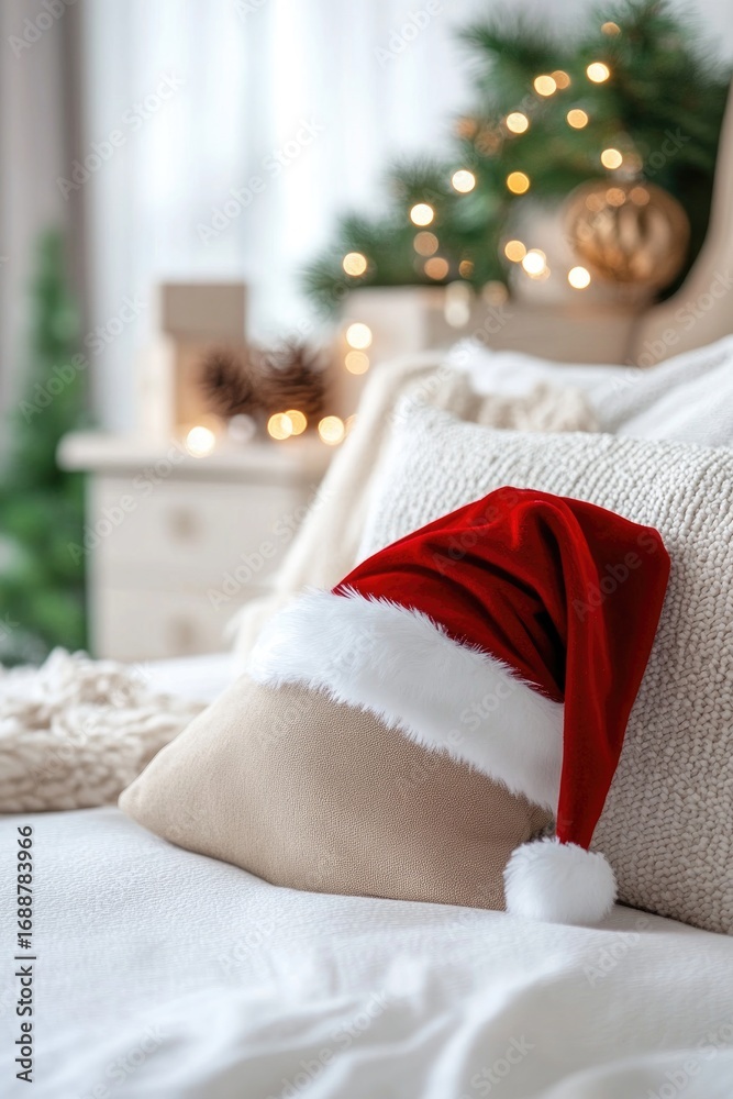Fototapeta premium Cozy christmas scene with santa hat on bed and festive holiday decorations