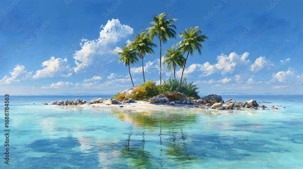 Obraz premium A detailed rendering of a tiny tropical island with lush palm trees set against a vivid blue background capturing a serene paradise during golden hour