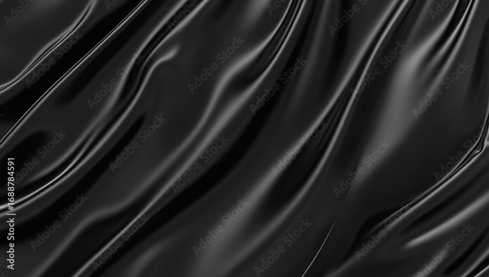 Fototapeta premium Black satin fabric, smooth and shiny with a soft sheen, perfect for elegant or luxury accessories. The texture of the material is detailed and rich in color, showcasing its luxurious quality