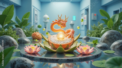 Magical Dragon Sculpture in Serene Pond Setting