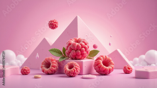 Surreal Pink Raspberry Composition with Geometric Shapes