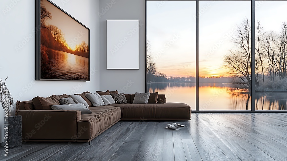 Fototapeta premium Contemporary living room interior with a comfortable sofa, fireplace, and modern furniture