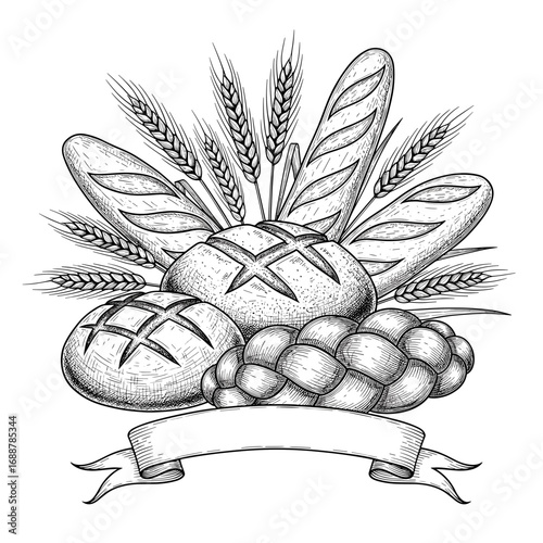 Engraving composition of different bread types and wheat ears with blank ribbon banner, vintage ink sketch hand drawn black and white SVG vector illustration