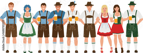 Traditional Bavarian Oktoberfest costume group, men and women in dirndl and lederhosen, holding beer, festive German cultural celebration