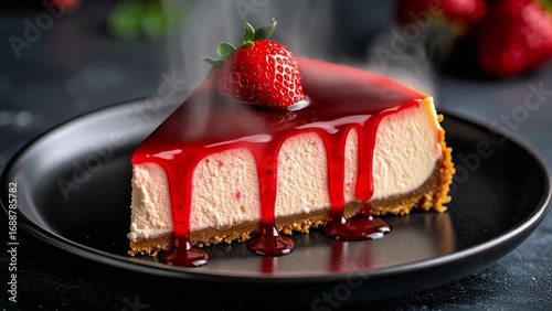 A slice of cheesecake with strawberry topping and dripping sauce, garnished with a fresh strawberry on a black plate.