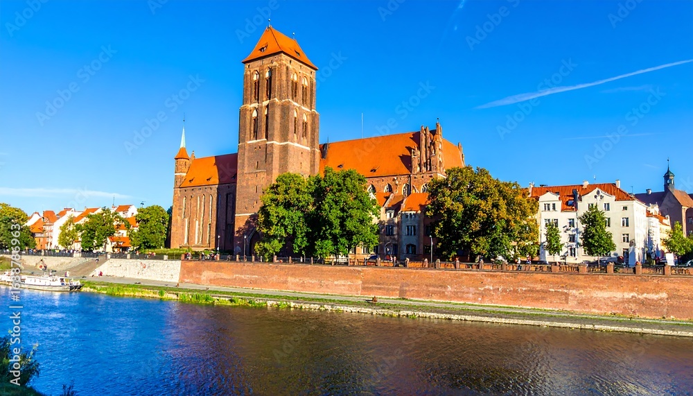 Obraz premium Medieval church by a river