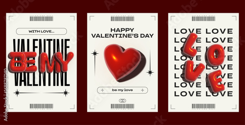Valentine's day 3D inflated typography poster set with bold, glossy bubble letters and heart .Minimal modern y2k layouts. 2000s nostalgia aesthetic