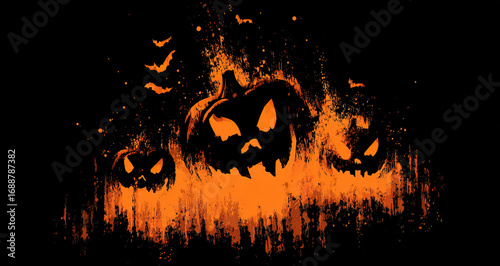 Halloween-themed pumpkins - Dark grunge background - Spooky festival concept.