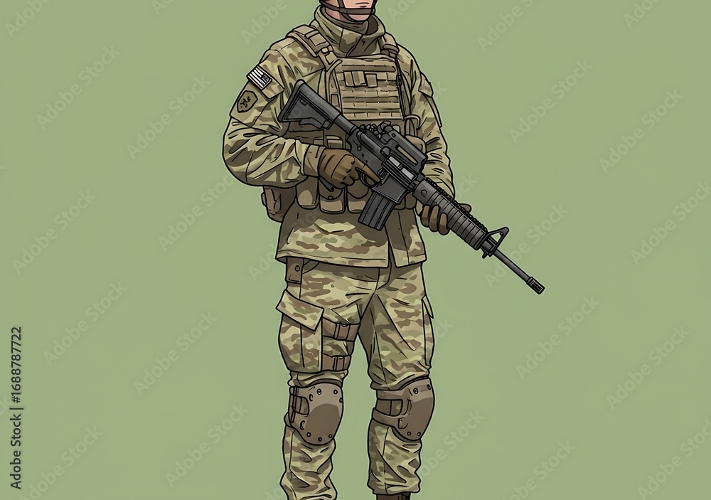Fototapeta premium Armed Soldier in Camouflage Uniform Carrying a Rifle Ready for Duty