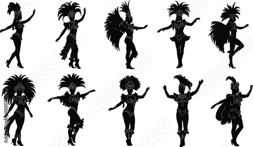 Silhouettes of samba dancers in elaborate feathered costumes striking dynamic poses, celebrating vibrant carnival culture with festive energy and rhythm.