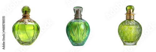 Set of A green glass bottle with intricate gold decoration on transparent png background. Ai generated