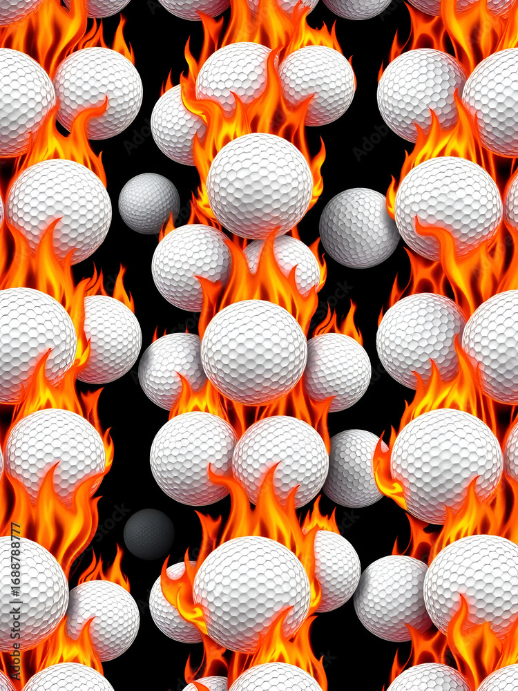 Golf balls in burning fire flame seamless pattern vector art image. Golf balls repeating tile background wallpaper texture.