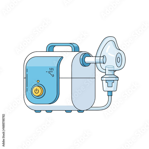 Illustration of a nebulizer machine with a mask attached, used for respiratory treatments.