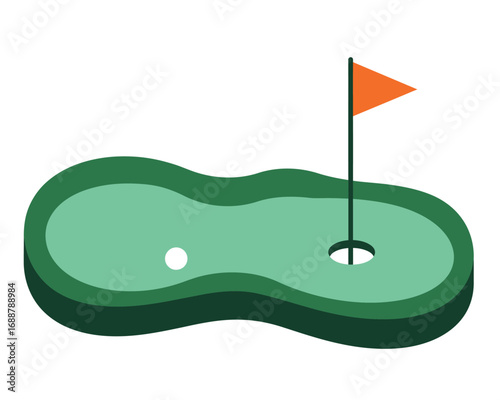 Stylized illustration of a miniature golf course hole with a flag and golf ball on green turf