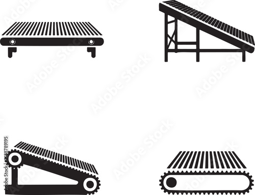 Set of Industrial Conveyor Belt Icons – Vector Silhouettes for Manufacturing and Automation 