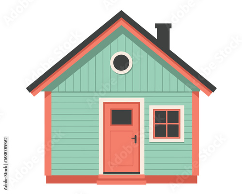 Charming mint green beach cottage with coral door and window accents