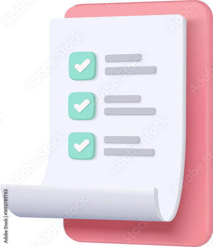 White clipboard task management todo check list, efficient work on project plan, fast progress, level up concept, assignment and exam, productivity solution icon. 3d render on pink background.