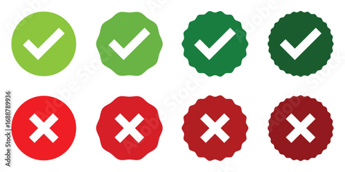 Check mark icon button set. Check box icon with right and wrong buttons and yes or no checkmark icons in green tick box and red cross. Isolated checkmark symbol, right and wrong sign concept. Icon.