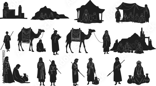 Silhouettes of traditional Middle Eastern people, desert tents, camels, ancient architecture, cultural lifestyle, nomads, tribal scenes, Arabian desert life.