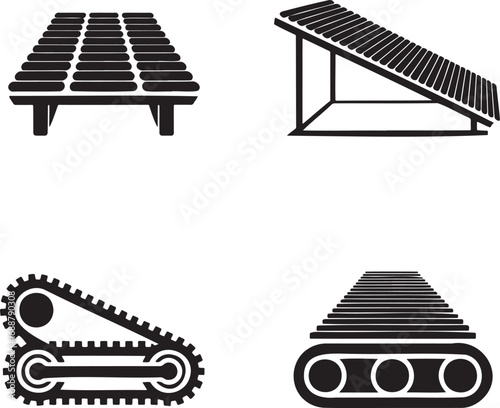 Set of Industrial Conveyor Belt Icons – Vector Silhouettes for Manufacturing and Automation 