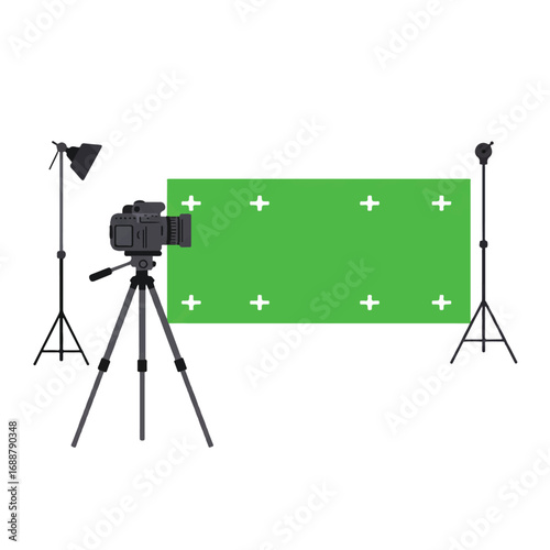 Vector illustration of a film production set with a camera on a tripod, a chroma key green screen, and studio lighting.